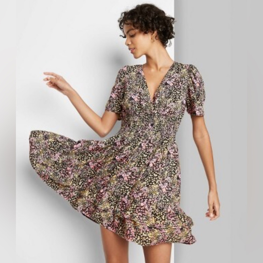 Wild Fable Black and Pink Women’s Dark Florals Mini Dress with Ruffled Skirt, M
